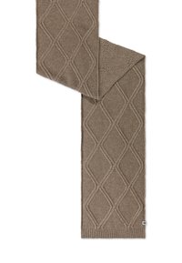 Brown knitted scarf featuring a diamond pattern, ribbed edges, and a textured finish. Soft material, lightweight, and versatile design.