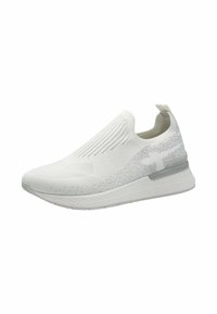 White slip-on sneaker with a textured knit upper, elastic side panels, and a grey accent on the heel. Lightweight foam sole for comfort.