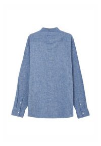 Camicia a maniche lunghe di colore azzurro chiaro, realizzata in tessuto testurizzato. Presenta un colletto e polsini con bottoni, con un taglio dritto e un design minimale.