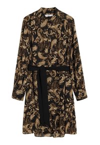 Robe noire à manches longues avec imprimé paisley en or et marron, dotée d'un col à revers, d'une fermeture à boutons et d'une ceinture assortie.