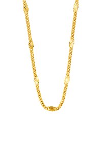 Collier en chaîne dorée avec des maillons ovales texturés, entrecoupés de connecteurs ronds lisses. Fini poli avec un éclat.