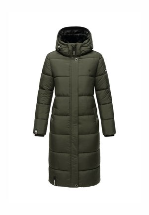 Manteau long en duvet vert olive avec une capuche, doté d'un design matelassé, de zippers et de poches lat�érales. Matériau doux et isolant pour la chaleur.