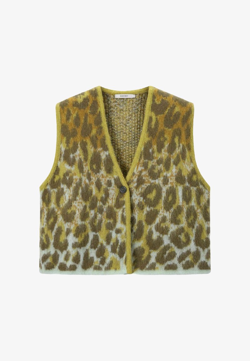 Gilet en tricot vert olive avec imprimé léopard brun. Doté d'un décolleté en V, d'une conception sans manches et d'une fermeture à un bouton à l'avant.
