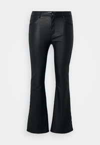 Black, flared pants made from a smooth, glossy material. Features five pockets, belt loops, and a zip fly with a button closure.