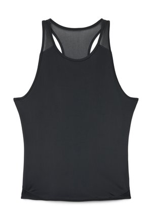 Schwarzes ärmelloses Sport-Top mit Mesh-Einsatz im oberen Rückenbereich und Racerback-Design.