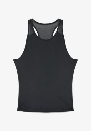 Schwarzes ärmelloses Sport-Top mit Mesh-Einsatz im oberen Rückenbereich und Racerback-Design.