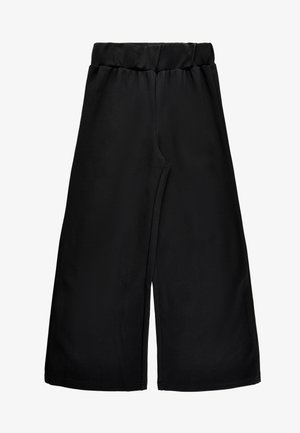 Pantalon noir à jambes larges avec taille élastique, fabriqué en tissu doux, conçu pour une coupe ample et confortable.