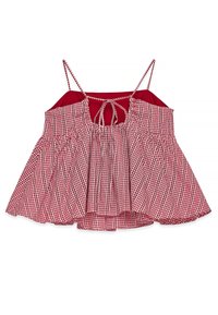 Punane ja valge ruuduline top, millel on õlavarre vabalt liikuv disain, vormitud puusaosa, volangiline tekstuur ja tagumine paelakinnitus. Laienev helkur rõhutab voolavust.