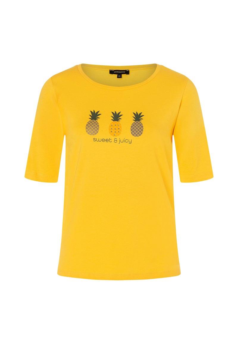 Yellow cotton t-shirt with a rounded neckline, short sleeves, and three pineapple graphics. Text reads "sweet & juicy" below the design.