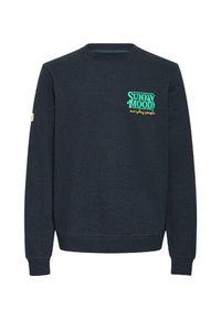 Marineblauwe sweater gemaakt van zachte stof; heeft groene en gele tekst "SUNNY MOOD" op de voorkant. Klassieke ronde hals en geribbelde manchetten.