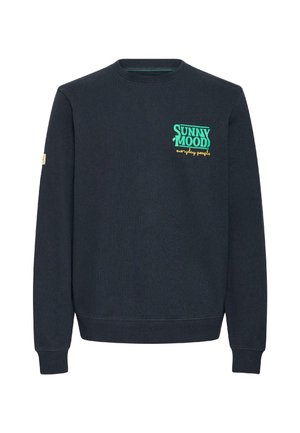 Marineblauer Sweatshirt aus weichem Stoff; vorne mit grünem und gelbem "SUNNY MOOD" Schriftzug. Klassischer Rundhalsausschnitt und gerippte Bündchen.