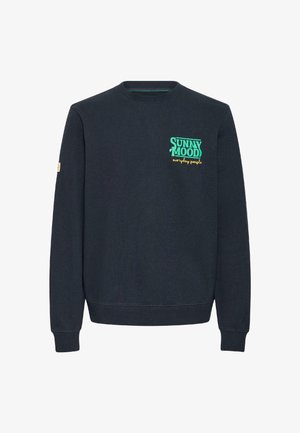 Tumesinine pusa pehmest kangast; esiküljel roheline ja kollane tekst "SUNNY MOOD". Klassikalise ümmarguse kaelusega ja soonikkoes mansetid.