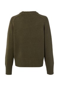 Olijfgroene gebreide trui met geribbelde zoom en manchetten, met een ronde halslijn en raglanmouwen, en een gestructureerde stof.