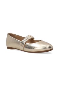 Zlaté metalické baletní byty s rounded toe designem a dekorativním mašlemi přes nárt. Hladký texturovaný svršek, plochá podrážka.