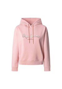 Felpa rosa in cotone con tasca a marsupio, polsini e orlo a costine, con logo "Pepe Jeans London" bianco sul davanti.