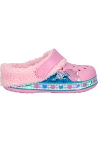 Rosa Kunststoffclogs mit flauschigem Innenfutter, ausgestattet mit einem dekorativen Meerjungfrauendesign und einer leuchtenden Sohle mit Muschelmustern.
