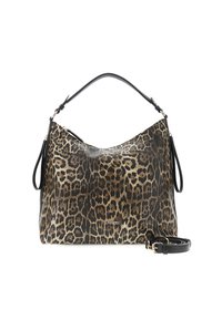 Leopardmönstrad axelväska med en rundad form, svarta läderdetaljer och en avtagbar rem. Har blixtlås och logodetail.