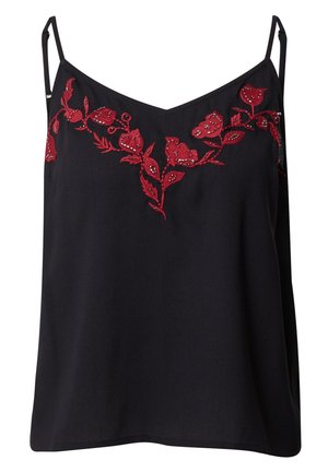 Black sleeveless top with thin straps, featuring red floral embroidery and small bead details along the neckline.