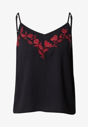Black sleeveless top with thin straps, featuring red floral embroidery and small bead details along the neckline.