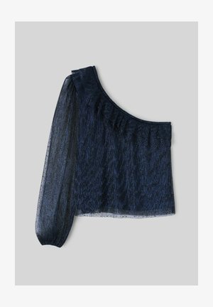 Top asymétrique bleu marine en tissu texturé et transparent. Présente un ourlet froncé et une manche bouffante, mettant en valeur son design distinct.