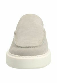 Gray suede slip-on shoe featuring a rounded toe, subtle stitching details, and a white rubber sole with a textured finish.