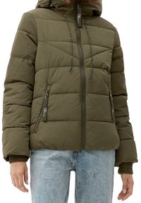 Olive green padded jacket with a hood, featuring a front zipper, two side zip pockets, and adjustable drawstrings at the neckline.