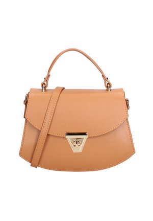 Sac à main en cuir fauve avec poignée supérieure et bandoulière réglable, doté d'une fermeture à boucle triangulaire dorée sur le rabat avant.