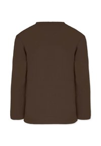 Ruskea pitkähihainen paita pyöreällä kaula-aukolla. Valmistettu pehmeästä kankaasta, siinä on yksinkertainen, sileä pinta eikä näkyviä kuvioita tai kuvastoja.