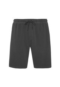 Shorts de sport en mailles noires avec une taille élastique et un cordon de serrage, présentant une texture lisse et une conception longue jusqu'aux genoux.