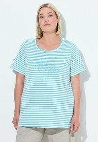 Gestreept T-shirt in lichtblauw en wit, met korte mouwen, ronde halslijn en een geborduurd palmboompje aan de voorkant.