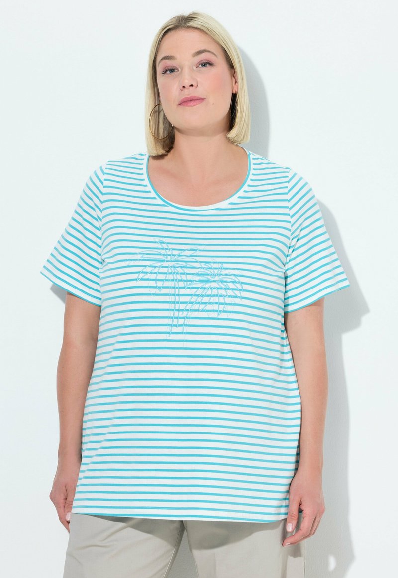 Gestreept T-shirt in lichtblauw en wit, met korte mouwen, ronde halslijn en een geborduurd palmboompje aan de voorkant.