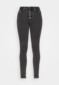 Jeans skinny de denim preto de cintura alta com um fecho de cinco botões, bolsos frontais e um ajuste slim, apresentando uma textura suave.