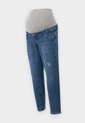 Jeans premaman in denim blu medium wash. Presentano una cintura elastica grigia, cinque tasche e leggere scollature sulla parte anteriore.