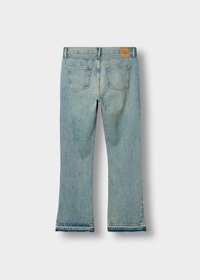 Light blue denim jeans featuring a straight leg with a frayed hem, five-pocket design, and a tan leather patch on the waistband.