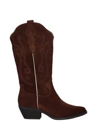 Botas de vaquero de ante marrón con costuras decorativas y punta afilada. Presenta un tacón apilado y una parte superior curva con un tirador.