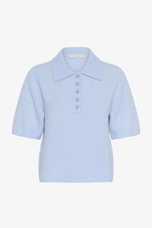 Light blue short-sleeve knit sweater with a wide collar and five front buttons down the chest.