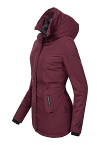 Burgundy jacket with a high collar and hood, featuring side pockets, button closure, and ribbed cuffs. Smooth fabric with a matte finish.