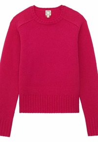Pull en tricot rose vif avec un col rond, des poignets et un ourlet côtelés. Présente un tissu texturé et des coutures d'épaule tombantes.