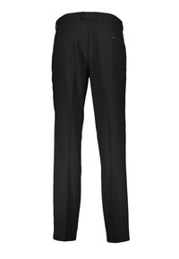 Zwarte broek met een rechte pijp, gemaakt van gladde stof. Voorzien van twee achterzakken en riemlussen voor extra detail.