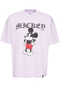 Levandulové bavlněné tričko s grafikou Mickeyho Mouse v černé a červené barvě, s krátkým rukávem a kulatým výstřihem.
