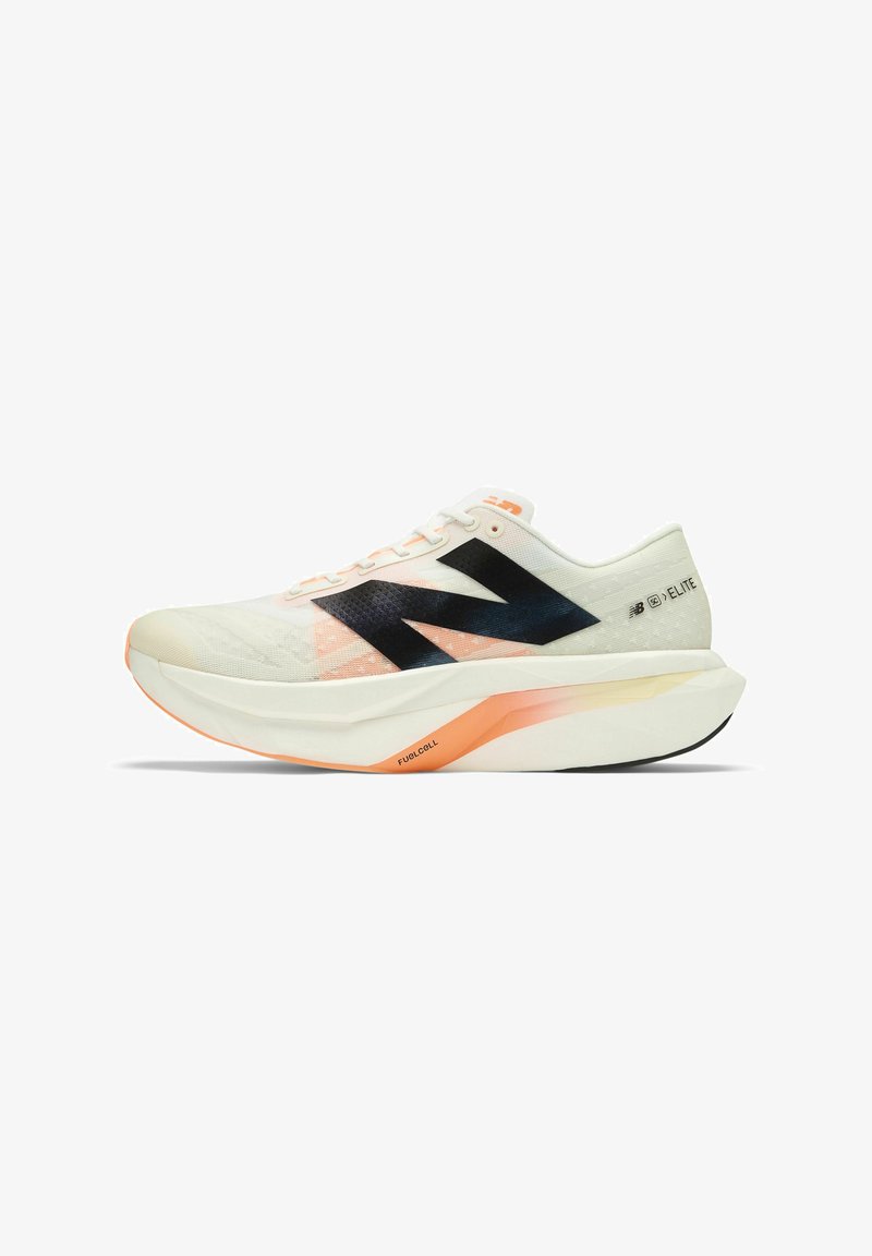 Lightweight running shoe in white with black and coral accents. Features a breathable upper, pronounced cushioning, and a sleek, aerodynamic shape.