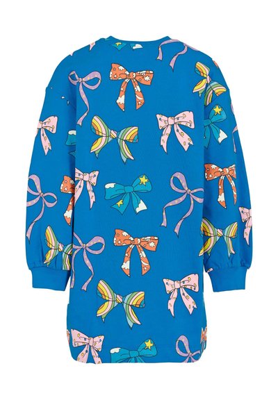 Sweatshirt bleu présentant un motif répété de divers nœuds colorés de styles et de tailles variés, avec des poignets côtelés et un col rond.