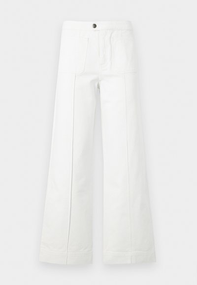 Λευκό παντελόνι με φαρδιά πόδια, εμπρός τσέπες με κέντημα και ένα κουμπί στη μέση.