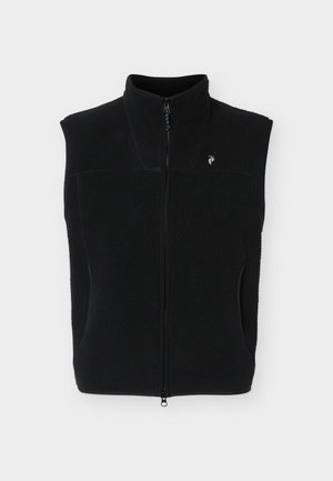 Melns bezroku flīsa veste ar pilna priekšējo rāvējslēdzi un augstu apkakli, kreisajā krūtīs mazs logotips.