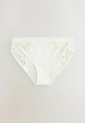 Balti apatiniai su lygaus pagrindinio audinio ir nėrinių šoninėmis juostomis, dekoruotomis gėlių raštais. Minkšta tekstūra su klasikiniu kelnaičių dizainu.