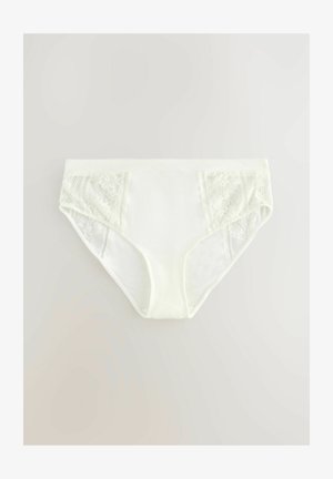 Witte onderbroek met een gladde hoofdfabricage en kanten zijkanten met bloemmotieven. Zachte textuur met een klassiek slipontwerp.