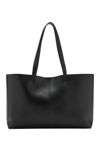Black leather tote bag with two long handles, a sleek design, and subtle stitching details along the center seam. Smooth texture.