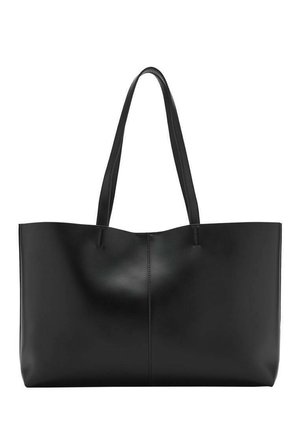 Black leather tote bag with two long handles, a sleek design, and subtle stitching details along the center seam. Smooth texture.