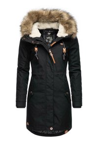 Black parka jacket with faux fur hood, zip closure, toggle accents, and side pockets. Lined with a textured pattern. Long sleeves.