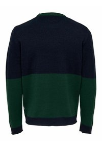 Maglione a girocollo con un design a blocchi di colore in verde scuro e blu navy. Tessuto lavorato a maglia con polsini e colletto a coste a contrasto.